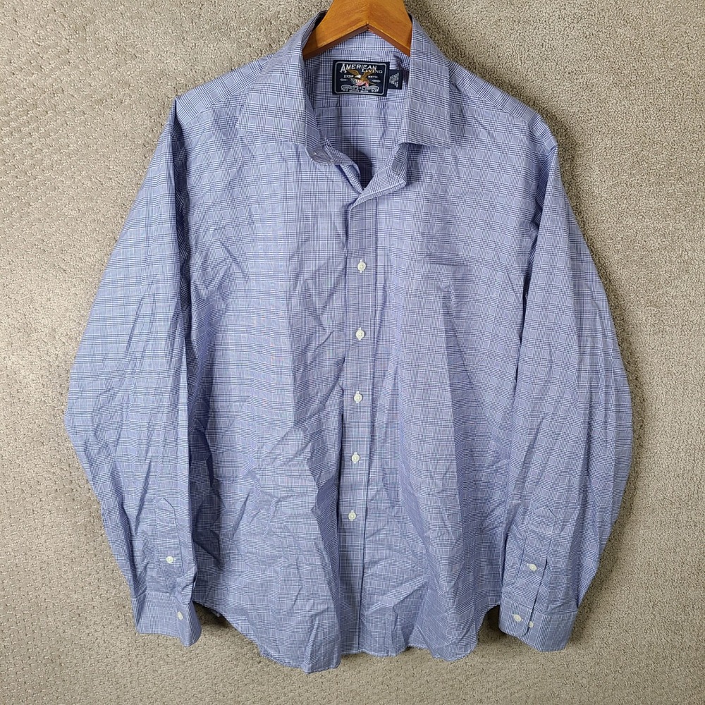 American Living‎ Shirt Mens 17 36/37 Blue Plaid Long Sleeve Button Down Cotton